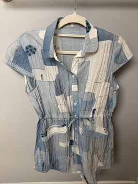Casual Blue & White Patchwork Button-Front Blouse